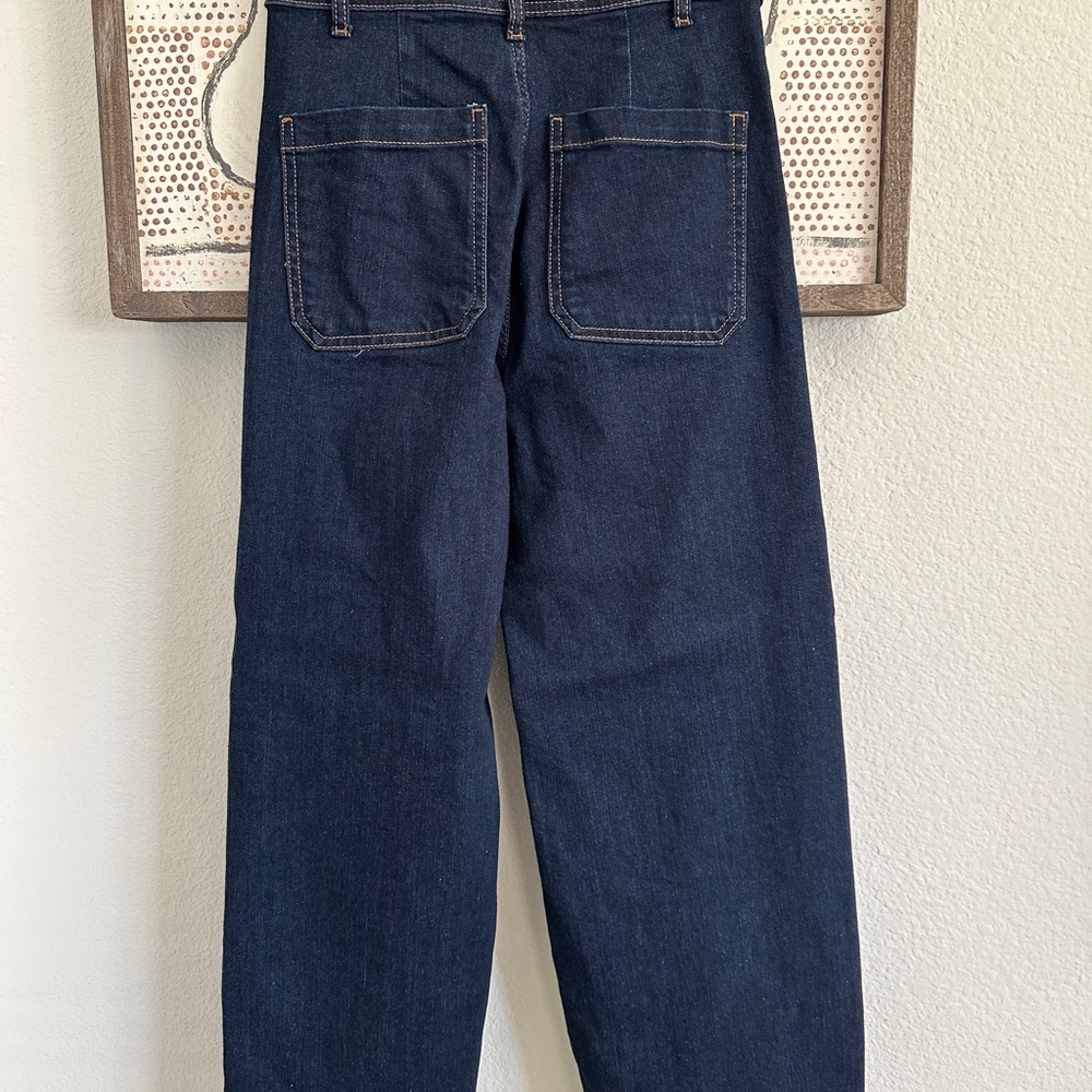 New ZARA Marine Straight Wide Leg High Waist Patch Pocket Dark Blue Jeans 4 - Picture 9 of 14